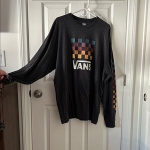 Vans Men's Dark Gray Long Sleeve Tee With Vans Multi Colored Checkered Graphic